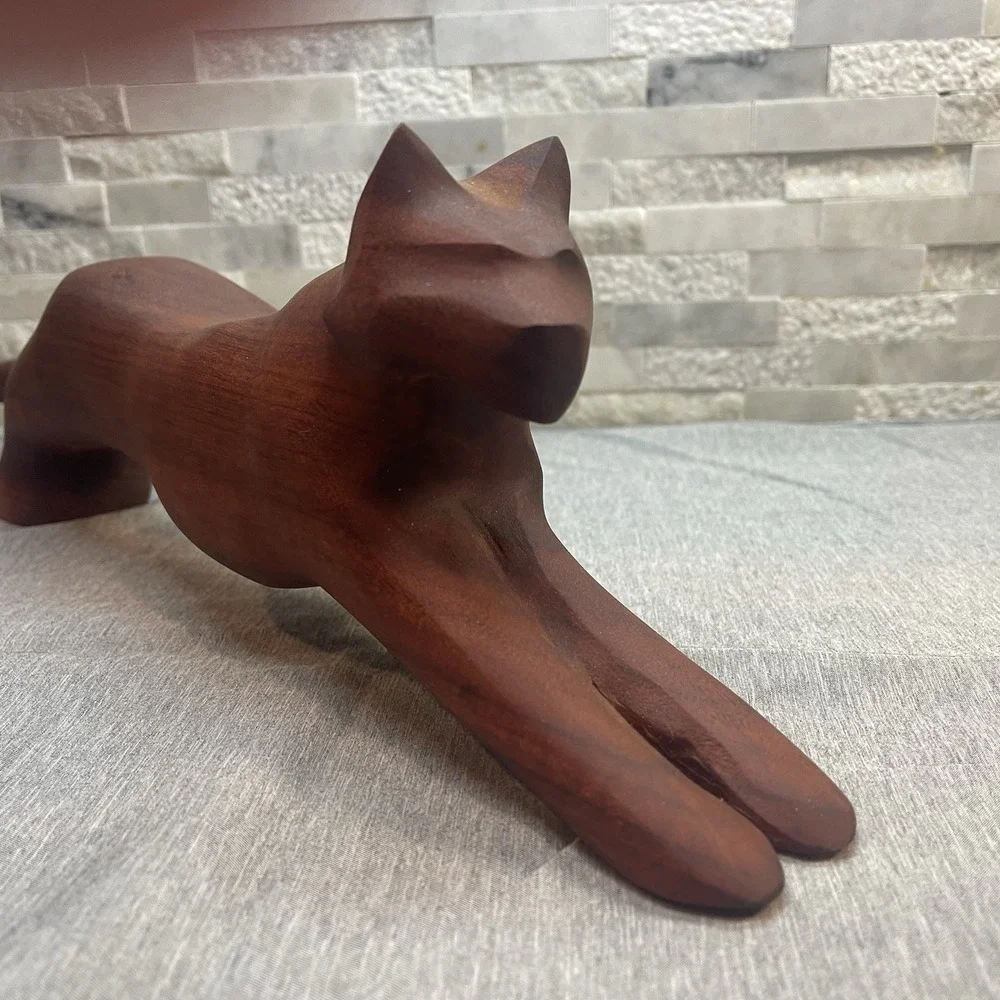 Vtg MCM‎ Hand Carved Wood Cat Panther Stalking Figurine 16